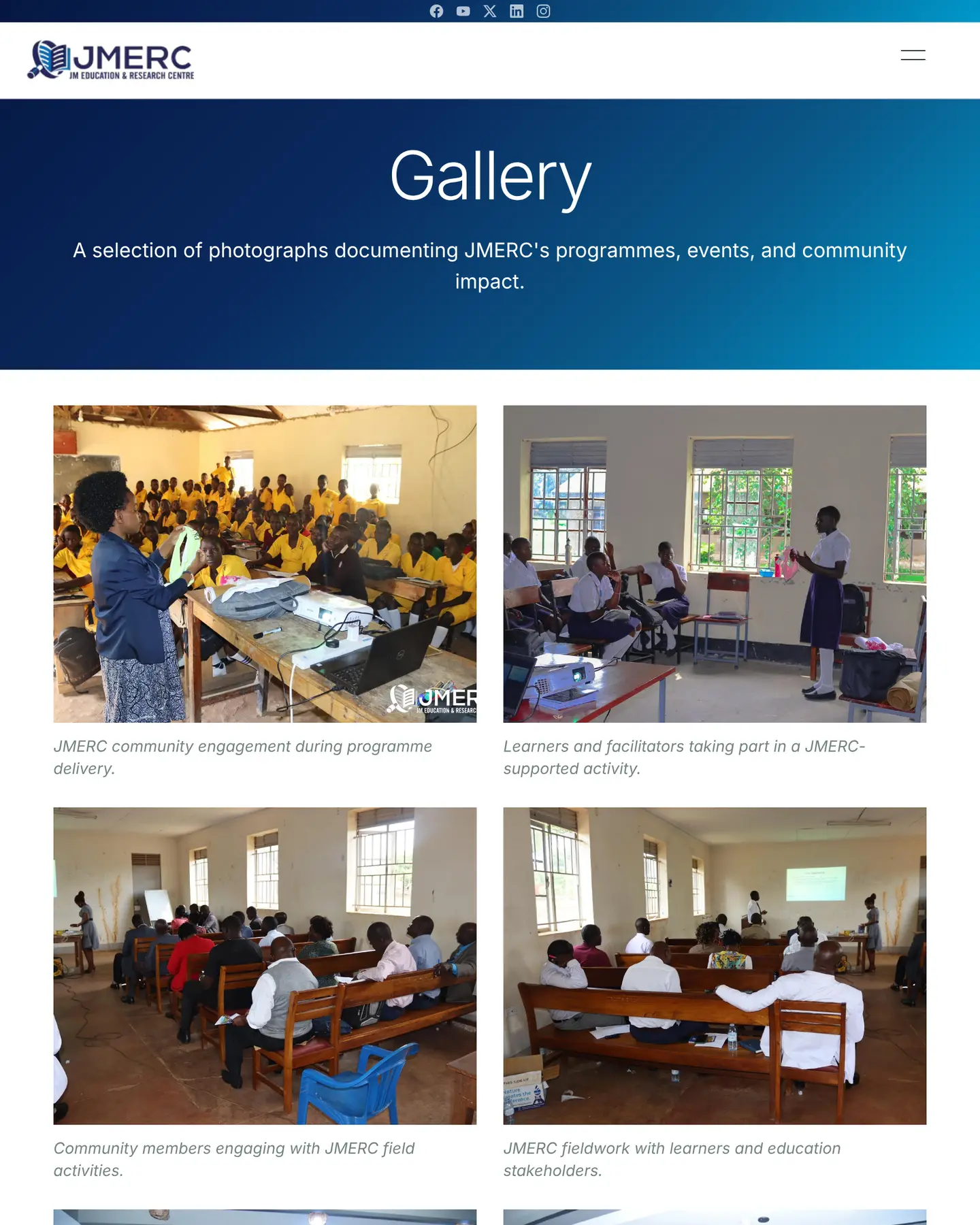 The JMERC gallery page: captioned photographs of programme delivery, facilitators and community sessions.