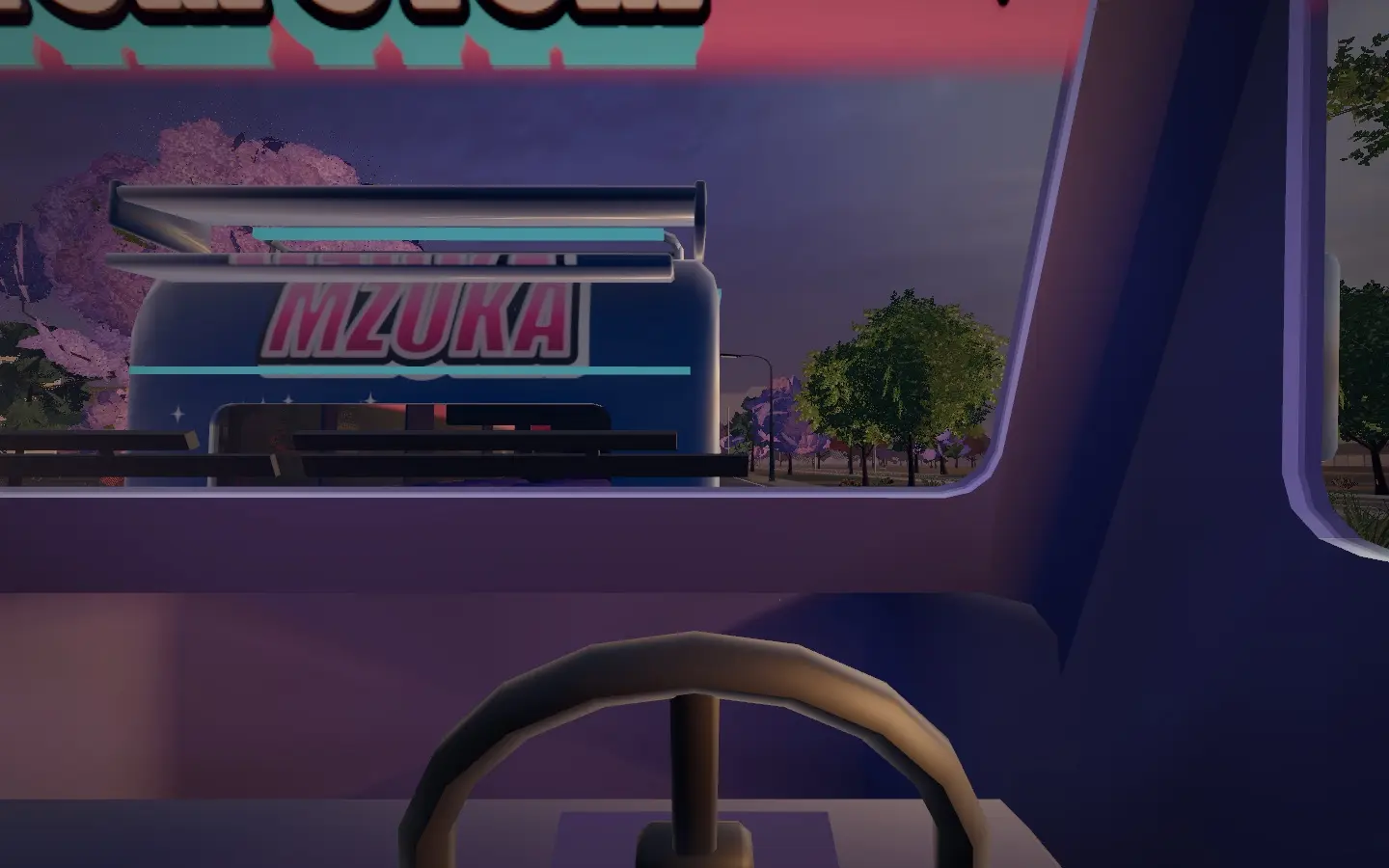 Interior cab view of the player's matatu: steering wheel in foreground, MZUKA matatu visible through the side window against a dusk sky.
