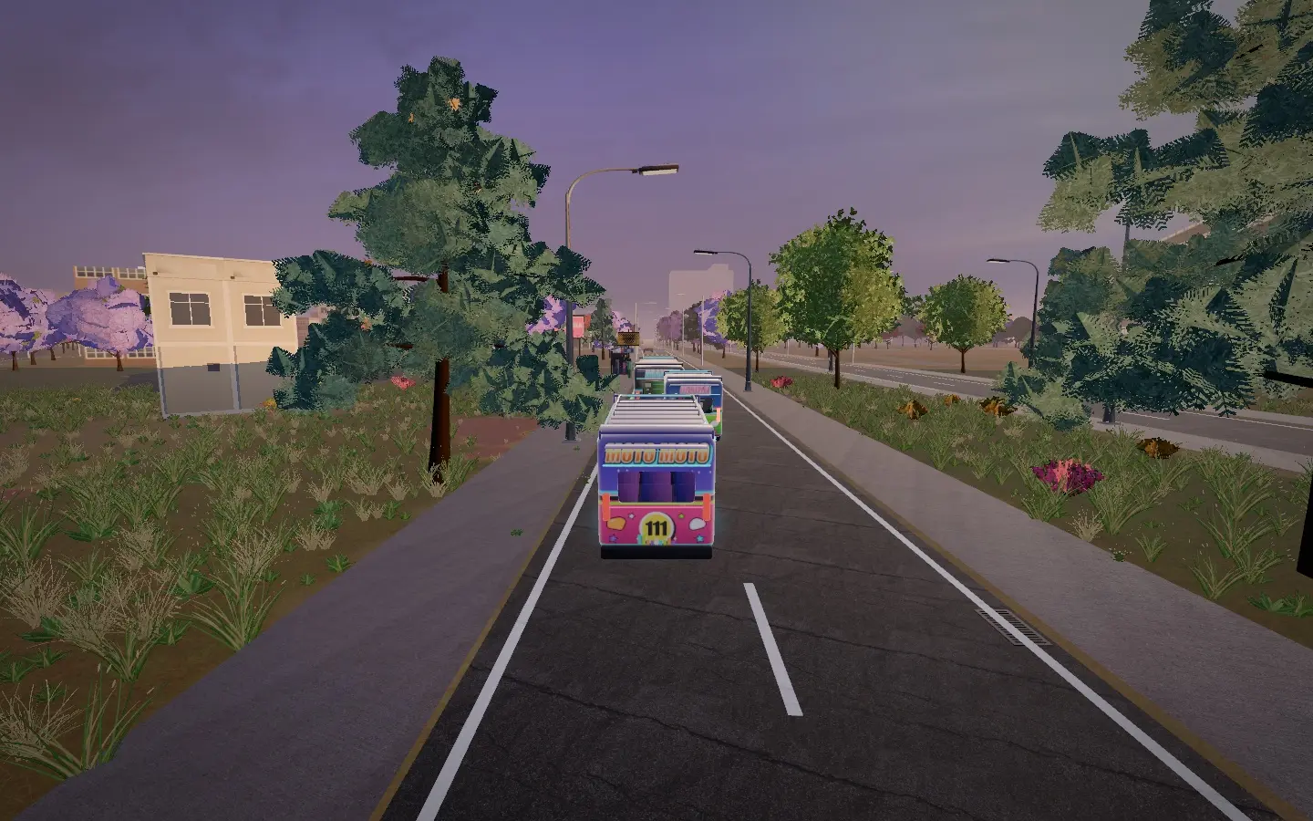 Three matatus driving in convoy on a Nairobi street, residential buildings and green trees lining the route.