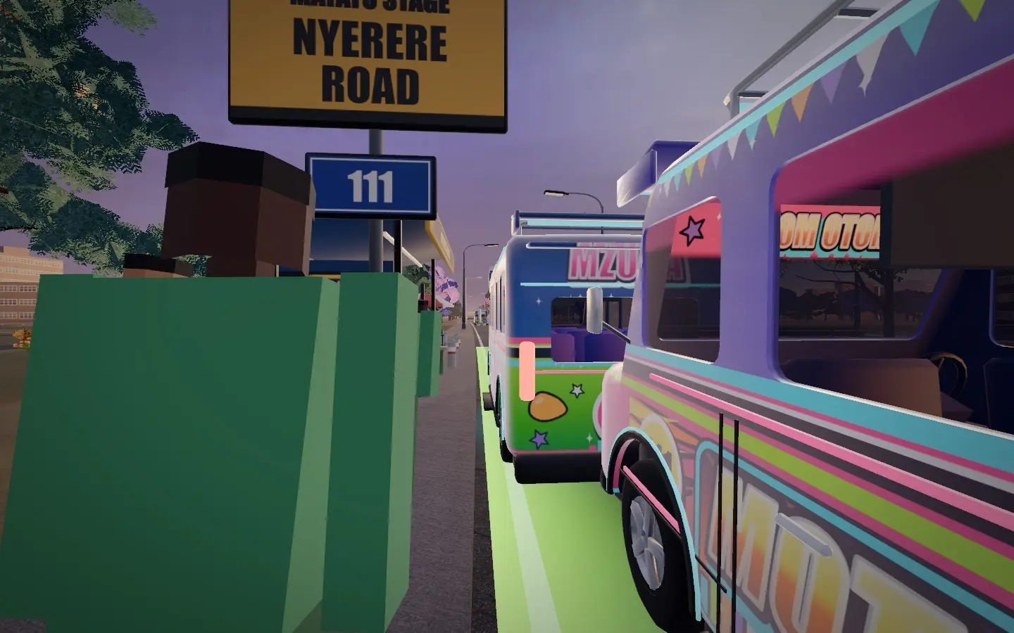 Street-level side view: the Nyerere Road / Matatu Stage 111 sign beside a brightly painted matatu with rainbow stripes.