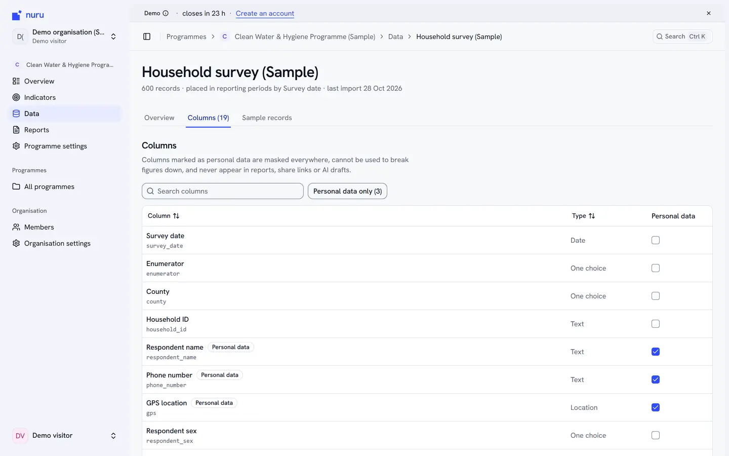 The columns tab of a household survey in Nuru: 19 columns listed, with Respondent name, Phone number, and GPS location flagged as personal data.