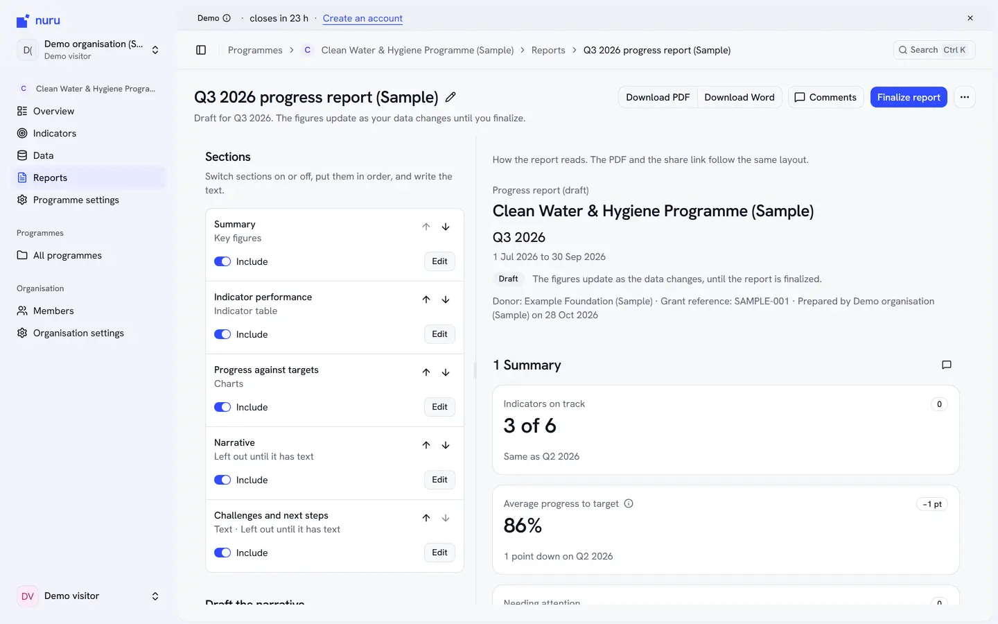 The Nuru report editor: section list on the left with include/exclude toggles and a pre-flight checklist; live report preview on the right.